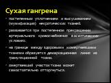 постепенным уплотне­нием и высушиванием (мумификация) некротических тканей. развивается при постепенном прекращении артериального кровоснабжения в асептических условиях. на гра­нице между здоровыми и омертвевшими тканями образуется демаркационная линия из грануляционной ткани. омертвевший участок тк