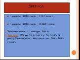 2013 год. с 1 января 2013 года – 1 731 тенге с 1 января 2013 года – 18 660 тенге Установлены с 1 января 2013г. Законом РК от 23.11.2012 г. № 54-V «О республиканском бюджете на 2013-2015 годы».