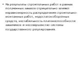 На результаты строительных работ в рамках полученных заказов отрицательно влияют неравномерность распределения строительно-монтажных работ, недостаток оборотных средств, нестабильность платежеспособности заказчиков и несовершенство системы государственного регулирования.