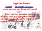 Курская битва. 5 июля — 23 августа 1943 года; также известна как Битва на Курской дуге. Самое крупное танковое сражение в истории; нём участвовали около двух миллионов человек, шесть тысяч танков, четыре тысячи самолётов