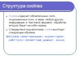 Структура cookies. Cookie содержит обязательные поля, опциональные поля, а также любую другую информацию в текстовой формате, обработку которой берет на себя сервер. Стандартный вид заголовка cookie выглядит следующим образом: Set-Cookie: name=; expires=; path=; domain=; secure.