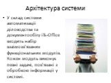 Архітектура системи. У склад системи автоматизації діловодства та документообігу iTs-Office входить набір взаїмозв'язаних функціональних модулів. Кожен модуль виконує певні задачі, пов'язані з обробкою інформації у системі.