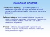 Основные понятия. Электронная таблица – автоматизированный эквивалент обычной таблицы, в ячейках которой находятся либо данные, либо результаты расчета по формулам. Рабочая область электронной таблицы состоит из строк и столбцов, имеющих свои имена. Имена строк – это их номера. Имена столбцов – это 