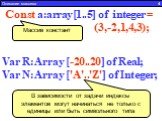 Сonst a:array[1..5] of integer = (3,-2,1,4,3); Массив констант. Описание массива 4. Var N:Array ['A'..'Z'] of Integer; Var R:Array [-20..20] of Real; В зависимости от задачи индексы элементов могут начинаться не только с единицы или быть символьного типа