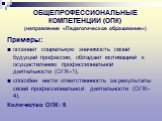 ОБЩЕПРОФЕССИОНАЛЬНЫЕ КОМПЕТЕНЦИИ (ОПК) (направление «Педагогическое образование»). Примеры: осознает социальную значимость своей будущей профессии, обладает мотивацией к осуществлению профессиональной деятельности (ОПК-1); способен нести ответственность за результаты своей профессиональной деятельно