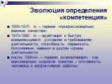 Эволюция определения «компетенция». 1950-1970 гг. – термин «профессионально важные качества» 1970-1990 гг. – адаптация к быстро изменяющимся условиям и требованиям деятельности, способность переносить полученные навыки в другие сферы деятельности после 1990-го – термин «компетенция» как максимально 