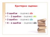 Критерии оценки: 0 ошибок – оценка «5» 1 – 2 ошибки – оценка «4» 3 ошибки – оценка «3» 4 – 6 ошибок – оценка «2»