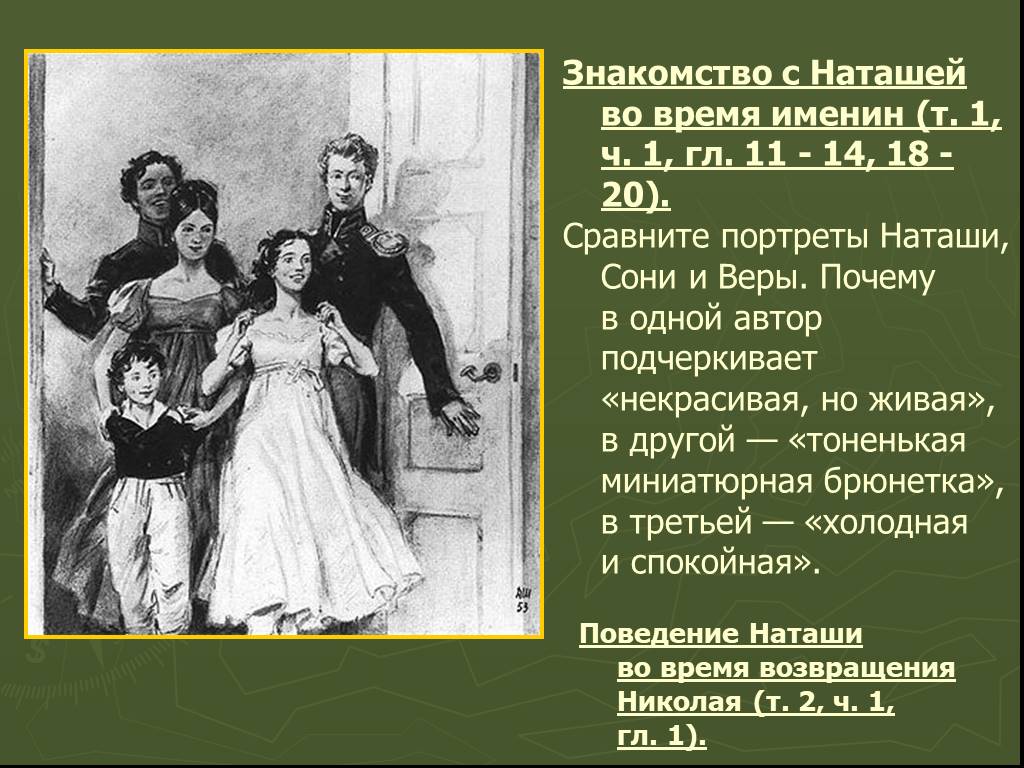 Автор подчеркивает. Сравните портреты Наташи сони веры. Сопоставление Наташи и сони ростовых. Сравните поведение сони и Наташи. Вторая встреча с Наташей ростовой в романе война и мир.