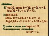Примеры. log232, здесь b = 32, a = 2, c = 5. log232 = 5 , т. к. 25 = 32 . log50,04 , здесь b = 0,04, a = 5, c = - 2. log50,04 = - 2, т. к. 5-2 = 1/25 = 0,04 . 3) Найти х, такое, что log8х = 1/3. По определению логарифма х = 81/3 = 2.