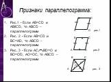 Признаки параллелограмма: Рис.1 - Если AB=CD и ABǁCD, то ABCD – параллелограмм Рис. 2 - Если AB=CD и BC=AD, то ABCD – параллелограмм Рис. 3 - Если AC BD=O и BO=OD, AO=OC, то ABCD – параллелограмм. В С А D рис.1 В С А D рис.2 B C О A D рис. 3