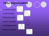 Типы треугольников. Остроугольный Тупоугольный Прямоугольный Разносторонний Равнобедренный Равносторонний