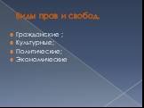 Виды прав и свобод. Гражданские ; Культурные; Политические; Экономические