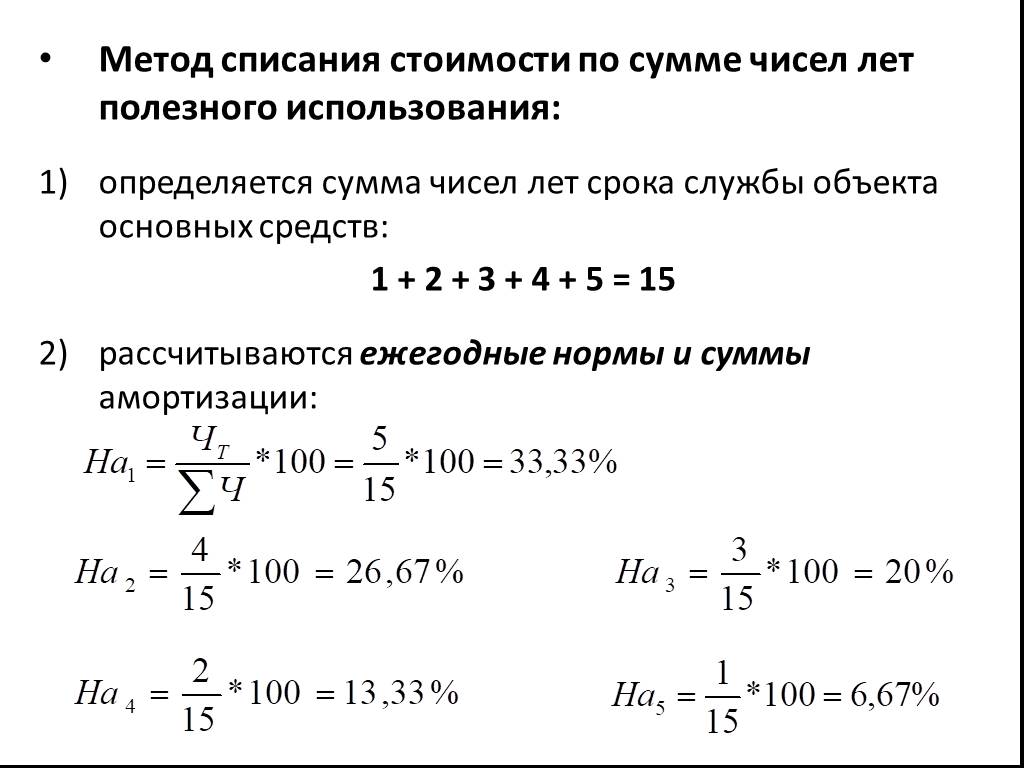 Сумма чисел полезного использования. Метод суммы чисел лет начисления амортизации. Метод суммы чисел лет срока полезного использования формула. Амортизация методом методом суммы чисел лет. Способ списания по сумме чисел лет срока полезного использования.