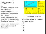 Задание: 12. Среди графиков 1 - 4 нет правильного. 3 4 1 2. Модуль скорости тела, движущегося прямолинейно, изменялся во времени по закону, представленному на рисунке (слева вверху). Выберите график изменения во времени равнодействующей всех сил.