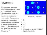 Задание: 5. 3 1 4 2 Среди ответов 1 - 4 нет правильного. На верхнем рисунке изображен вектор силы F1, с которой Земля действует на Луну по закону всемирного тяготения. На каком из рисунков правильно показаны направление и точка приложения силы F2, возникающей по третьему закону Ньютона ?