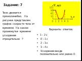 Задание: 7. 1 - 2 c 0 - 1 c 2 - 3 c 3 - 4 c Ускорение везде положительно или равно 0. Тело движется прямолинейно. На рисунке представлен график скорости тела от времени. На каком промежутке времени ускорение отрицательно ?