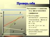 Расскажите о движении тел, представленном графиками: Какой график соответствует движению, описываемому формулами: а) υ = υ0 + at; б) υ= s/t; в) υ= 0; г) υ= υ0 – at; д) υ= a • t? Какой график описывает равнозамедленное движение? Проверь себя t,с м/с 4 3 2 5 1