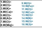 1.W(O)= 2.W(O)= 3.W(K)= 4.W(Ca)= 5.W(O)= 6.W(Al)= 7.W(O)= 8.W(Mq)=. 9.W(O)= 10.W(Fe)= 11.W(O)= 12.W(Cu)= 13.W(O)= 14.W(N)= 15.W(O)= 16.W(S)=