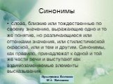 Синонимы. слова, близкие или тождественные по своему значению, выражающие одно и то же понятие, но различающиеся или оттенками значения, или стилистической окраской, или и тем и другим. Синонимы, как правило, принадлежат к одной и той же части речи и выступают как взаимозаменяемые элементы высказыва