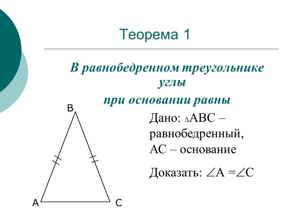 Углы при основании равнобедренного треугольника равны теорема. В равнобедренном треугольнике углы при основании равны. Угол при основании равнобедренного треугольника. Угол при основании треугольника. Углы равнобедренного треугольника.