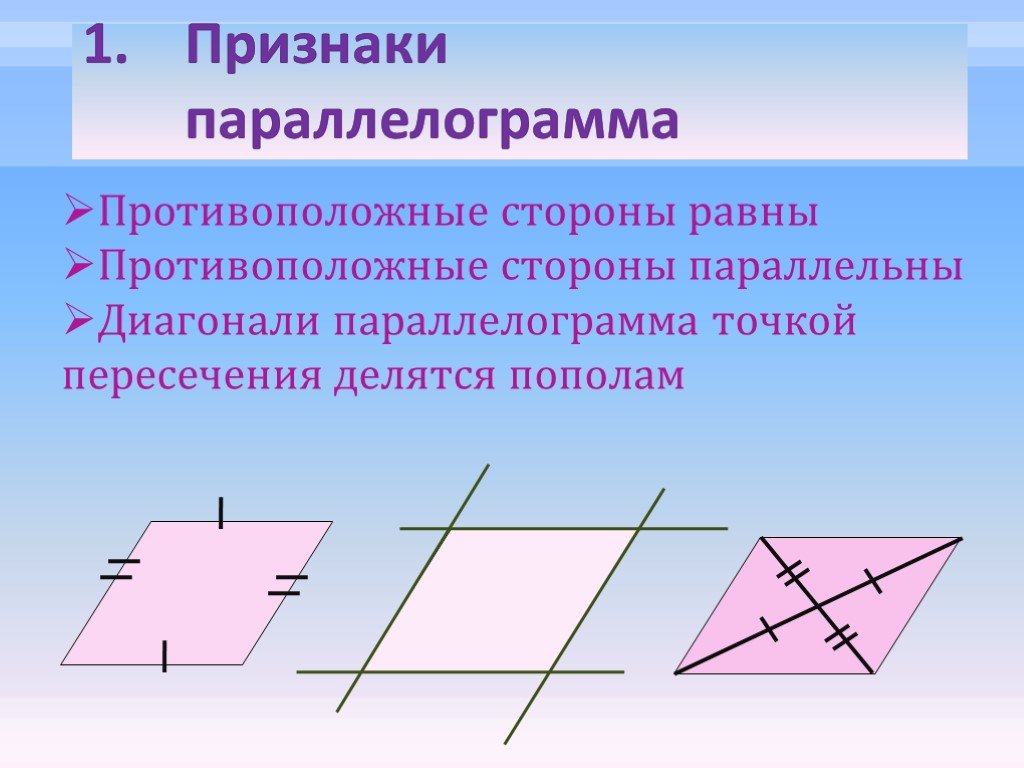 4 параллелограмма. Признаки параллельности параллелограмма. Третий признак равенства параллелограмма доказательство. Признаки паралелограмм. При9накипараллелограмма.