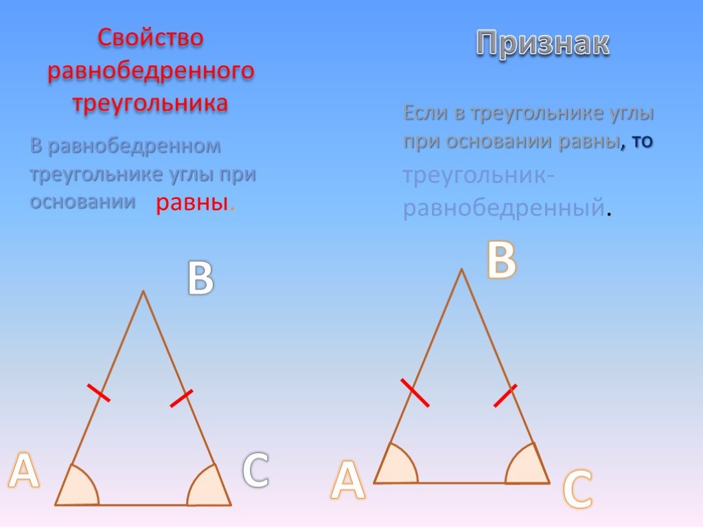 Углы при основании равнобедренного треугольника равны теорема. Свойство углов равнобедренного треугольника. Признаки равнобедренного треугольника. Признай равнобедренного треугольника. Признак равнобедренного Трег.