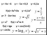 у = 4х – 6 у = - 5х + 0,3 у = 6,5х. F(х)= 4х3+3х у = 6,5х2. у= 7 - 3х+ lnx у = х3 f(х) = х2+х-4. f(х) = tgx y = cos(5t+2) y = sin3x
