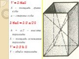 V = 1/6aS S - площадь грани куба а – сторона куба 1/6aS = 1/3 а/2 S h = а/2 – высота пирамиды S – площадь основания пирамиды V = 1/3 h S V – объём пирамиды