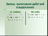 Законы выполнения действий в выражениях. со скобками 1) ( ) 2) « » или « : » 3) « + » и « - ». без скобок 1) « » или « : » 2) « + » и « - »