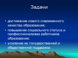 Задачи. достижение нового современного качества образования; повышение социального статуса и профессионализма работников образования; усиление их государственной и общественной поддержки