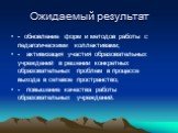 - обновление форм и методов работы с педагогическими коллективами; - активизация участия образовательных учреждений в решении конкретных образовательных проблем в процессе выхода в сетевое пространство; - повышение качества работы образовательных учреждений. Ожидаемый результат