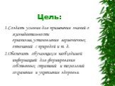 Цель: 1.Создать условия для применения знаний о жизнедеятельности организма,установления гармоничных отношений с природой и т. д. 2.Обеспечить обучающихся необходимой информацией для формирования собственных стратегий и технологий сохранения и укрепления здоровья.