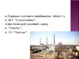 Лідерами хімічного виробництва області є ВАТ “Сумихімпром”, Шосткинський казенний завод “Імпульс”, ПП “Полісан”.