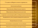 Образование избирательных округов. Образование избирательных участков. Голосование и подведение итогов выборов. Повторное голосование и повторные выборы. Предвыборная агитация. Выдвижение и регистрация кандидатов в депутаты. Создание и организация работы избирательных комиссий. Назначение выборов