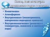 Силы, вызывающие движение воды в океане. Космические Атмосферные Внутриземные (землетрясения, извержения подводных вулканов) Внутриокеанические (различия в температуре, солености и плотности воды)