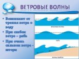 Ветровые волны. Возникают от трения ветра о воду При слабом ветре – рябь При очень сильном ветре - шторм