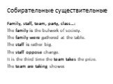 Собирательные существительные. Family, staff, team, party, class…: The family is the bulwerk of society. The family were gathered at the table. The staff is rather big. The staff oppose change. It is the third time the team takes the prize. The team are taking shower.