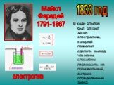 В ходе опытов был открыт закон электролиза, который позволил сделать вывод, что ионы способны переносить не произвольный, а строго определенный заряд. 1833 год. Майкл Фарадей 1791-1867. электролиз