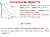 Закон Бойля-Мариотта. Английский физик Р.Бойль в 1662 и французский Э.Мариотт в 1676 г. экспериментально установили, что при Т=const и m=const произведение давления газа p на его объем V есть const: pV = const Процесс (при T=const) называется изотермическим. На графике в координатах p-V изотерма пре