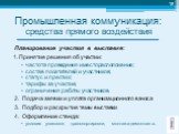 Планирование участия в выставке: 1. Принятие решения об участии: частота проведения и месторасположение; состав посетителей и участников; статус и престиж; тарифы за участие; ограничения работы участников. 2. Подача заявки и уплата организационного взноса 3. Подбор и раскрытие темы выставки 4. Оформ