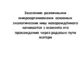 Заселение различными микроорганизмами основных экологических ниш новорождённого начинается с момента его прохождения через родовые пути матери