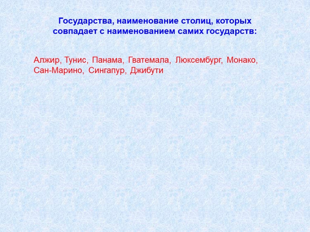 Вставьте название государства на место. Страны у которых совпадает название со столицей. Название государства и столицы совпадают. Название столицы совпадает с названием. Название страны и столицы совпадают.