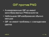 GIF против PNG. Анимированные GIF не имеют кроссбраузерных PNG-аналогов Небольшие GIF-изображения обычно меньше GIF не имеют проблемы с совпадением цветов. 17 / 23