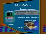 Мегабайты Дискета 1,38 МБ. Оперативная память. 256 МБ, 512 МБ, 1024 МБ, …. Лазерный диск 700 МБ
