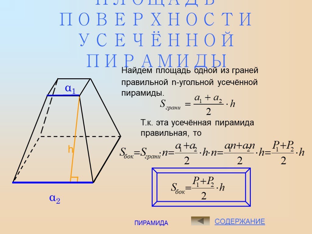 Усеченная пирамида презентация 10 класс атанасян. Площадь усеченной пирамиды формула. Правильная четырехугольная усеченная пирамида формулы. Площадь усеченной пирамиды четырехугольной.