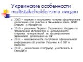 Украинские особенности multistakeholderism в лицах: 2003 – первая и последняя попытка сформировать делегацию для участия в Женевском этапе ВСИС открыто и прозрачно 2010 – решение Первого Украинского Форума по управлению Интернетом о необходимости открытых консультаций по формированию украинской деле