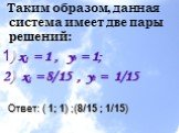 Таким образом, данная система имеет две пары решений: 1) x1 = 1 , y1 = 1; 2) х2 = 8/15 , y2 = 1/15. Ответ: ( 1; 1) ;(8/15 ; 1/15)