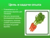 Цель и задачи опыта. Познакомиться со значением моркови для человека. Изучить технологию выращивания моркови. Определить влияние сроков прореживания всходов на урожай моркови.