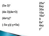 25x² 8xy 30x 15x 16x² 9 8x² 4xy y². (5x-3)² (4x-3)(4x+3) (4x+y)² (-5x-y)(-y+5x)