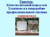 Гипотеза: Качество питьевой воды в селе Хлопуново и в микрорайоне профессионального училища одинаковое
